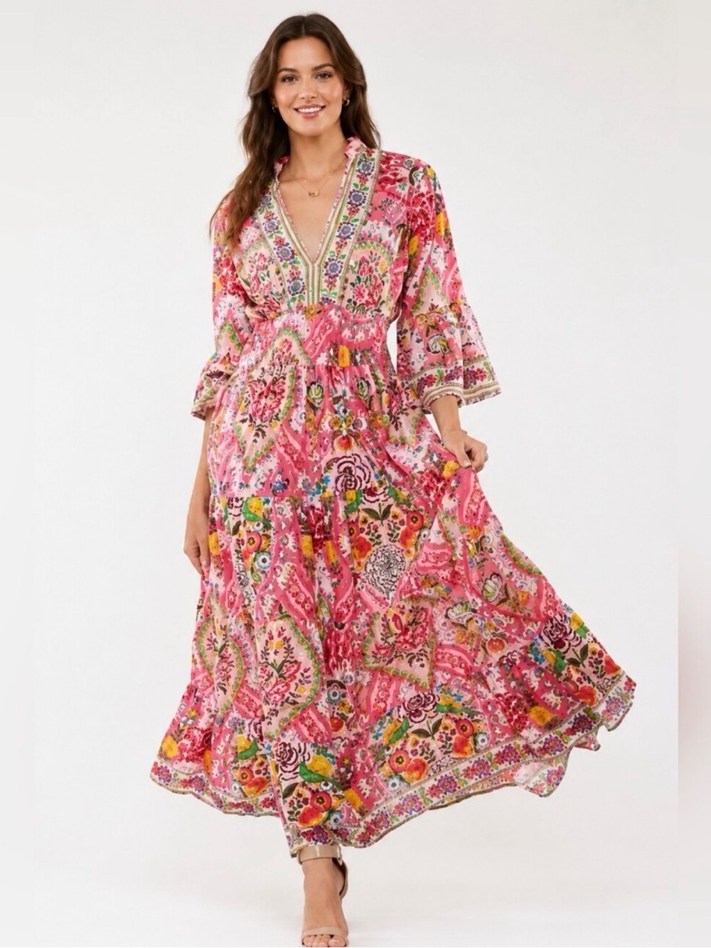 Nordstrom Ranees Pink Floral Cotton Beaded Embroidered V-Neck Maxi Dress Sz L/XL